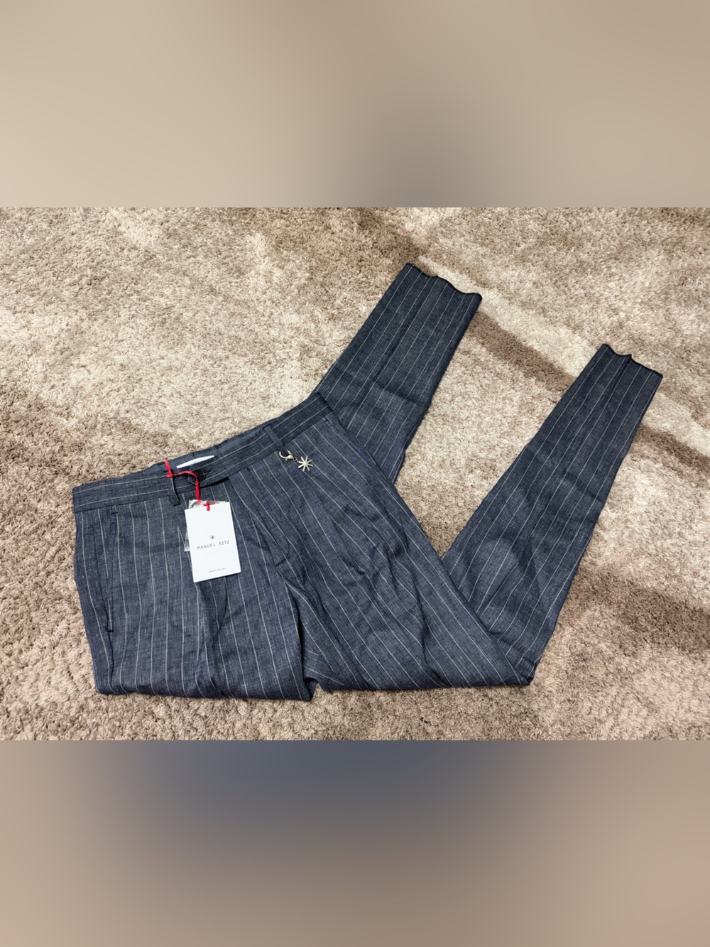 Manuel ritz Blue stretch linen blend pinstriped trousers with pleats